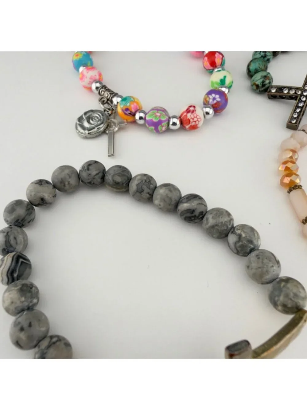 Mixed Cross Charm Beaded Stretch Bracelets Set Of 6 Multicolor